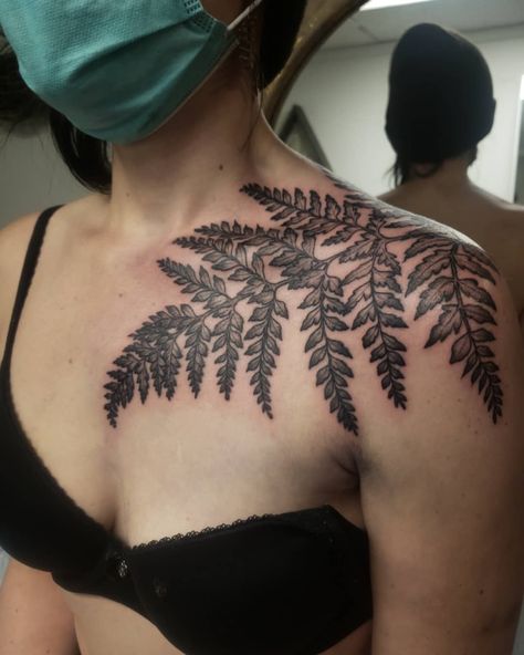 Chest Neck Tattoo, Ritual Tattoo, Wood Tattoo, Fern Tattoo, Chrysanthemum Tattoo, Back Of Shoulder Tattoo, Floral Tattoo Sleeve, Collar Bone Tattoo, Side Tattoos