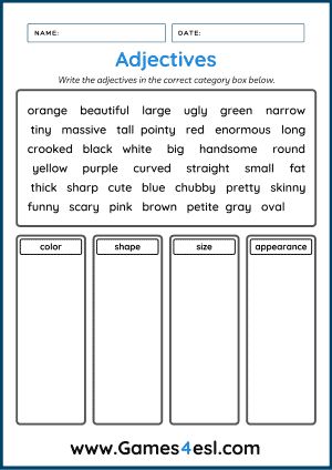 Free Adjective Worksheets | Games4esl Adjectives For Kids, Free English Courses, Struktur Teks, English For Students, English Grammar Exercises, English Adjectives, Adjective Worksheet, Describing Words, Grammar For Kids