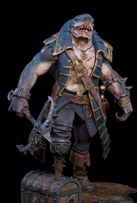 Dnd Sharkfolk, Fisherman Dnd Character, Fish Man Character Design, Shark Dnd Character, Merfolk Pirate, Wereshark Pirate, Shark Pirate, Shark Folk Dnd, King Shark