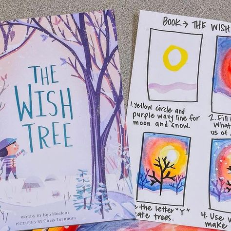 Ashley | Artsy Blevs | Art Teacher on Instagram: "Another fun Kindergarten book-based painting. We read The Wish Tree, looked at pictures of trees and dusk, and talked about the colors we saw. We used the letter Y to help us paint some trees and added some snow! Kindergarten has been plowing through. I’ve had to bring out all of the tricks, but we’re making it! Let me know if y’all want to keep seeing these little summary demo pages for kinder. ❤️ • • • • • • • • • • • #elementaryart #artteacher #teachersofinstagram #artteacherproblems #teacher #iteachtoo #artteachersofinstagram #arteducation #artlessons #kindergarten #kindergartenart #kindergartenteacher" The Wish Tree Book Activities, Kindergarten Landscape Art Lesson, Elementary Landscape Art Project, Winter Tree Art Projects For Kids, Kinder Winter Art, Holiday Art Lessons Elementary, Grade 2 Winter Art, Art Projects Based On Children's Books, Grade 1 Winter Art