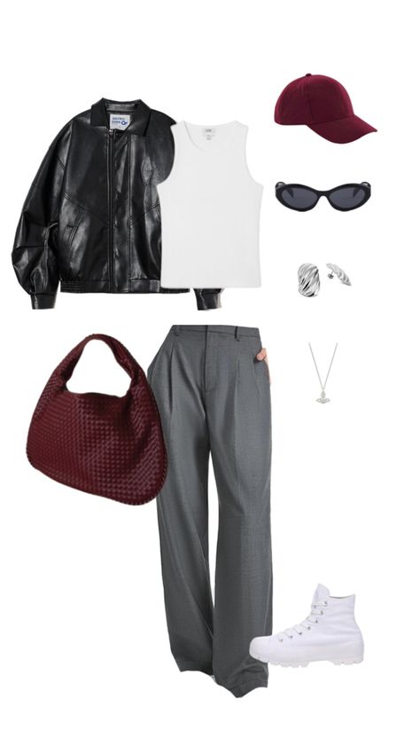 Gray trousers, white tshirt, burgundy cap, leather jacket Gray Leather Jacket Outfit, Gray Trousers Outfit, Burgundy Leather Jacket Outfit, Europe Winter Outfits, Gray Trousers, Burgundy Leather Jacket, Leather Jacket Outfit, Trousers Outfit, Grey Leather Jacket