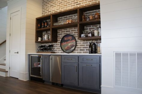 Lake Keowee Built-in Bar - Bar Ideas For Dining Room, Basement Bar Open Shelves, Built In Bar In Basement, Brick Bar Backsplash, Updated Family Room Ideas, Galley Bar Basement, Open Bar Shelving, Basement Bar Open Shelving, Bar Cabinet Built In