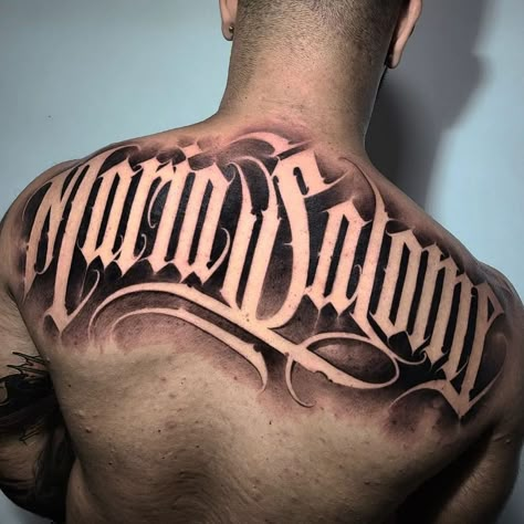 Back Last Name Tattoo Men, Negative Lettering Tattoo, Name On Back Tattoo, Back Tattoo Script, Back Lettering Tattoo, Lettering Back Tattoo, Chest Lettering Tattoo, Tattoo Lettering Fonts For Men, Script Back Tattoo