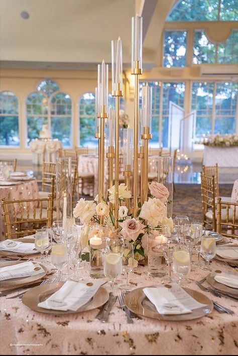 Fancy Wedding Centerpieces, White And Gold Wedding Tablescape, Gold Candleabra Centrepiece, Wedding Centerpieces Candelabras, Candleopera Centerpieces Wedding, Tall Candleabra Wedding Centerpieces, Tall Candle Centerpieces Wedding Round Table, Candlebra Centerpiece Gold, Tall Candelabra Wedding Centerpieces