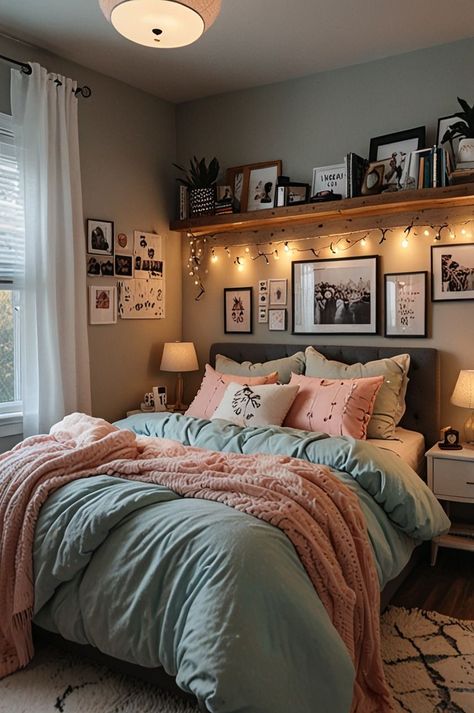 Small Room Ideas For Women Bedrooms, Comfy Bed In Corner, Normcore Bedroom, Teen Bedroom With Lights, Bedroom Decor Ideas For Women Simple, Bedroom 30 Year Old Woman, Realistic Bedroom Ideas Small Spaces, Cosy Simple Bedroom, Corner Bed Layout Ideas