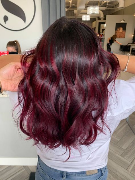 Fall Hair Dark Red, Red Color Ideas For Brunettes, Red Hairlights Hair, Red Burgundy Highlights, Wine Hair Color With Money Piece, Red Burgandy Hair Balayage, Red Hair Color On Dark Hair, Burgundy Ombré Hair, Burgundy With Red Highlights