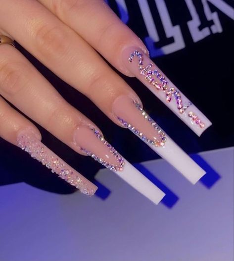 Xxl Nails With Rhinestones, Xl Square Nails, Graduation Nails, Long Acrylic Nail Designs, Diy Acrylic Nails, White Acrylic Nails, Her Nails, Glow Nails, Exotic Nails