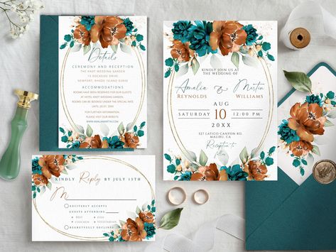 Teal & Burnt Orange Wedding Invitation Template Set, Editable and Printable Terracotta and Dark Teal Invitation, Instant Download Invites. Welcome to Scripted Dreams! We are pleased to be a part of your special day. This Floral Wedding Invitation Template set can be changed to fit your own preferences. You can make your own unique design using Templett, an easy tool you can access on your web browser. ★ You can try it before you buy it! ★ To access the content, simply copy and paste the link pro Dark Teal And Orange Wedding, Teal Burnt Orange Wedding, Orange And Turquoise Wedding, Teal And Gray Wedding, Teal And Burnt Orange Wedding, Dark Teal Weddings, Teal Invitations, Orange Wedding Invitations, Burnt Orange Weddings