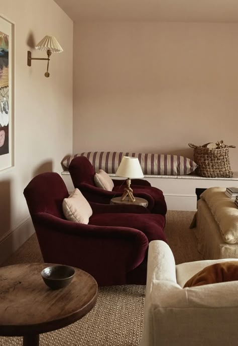 Edward Bulmer Paint Clove, Lilac Pink Edward Bulmer, Faded Grandeur Interiors, Grey And Mauve Living Room, Living Room Schemes, Burgundy And Brown Living Room, Setting Plaster Living Room, Painting In Dining Room, Paint Colours For Living Room