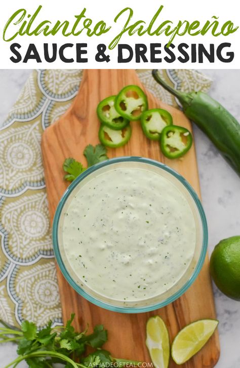 Spicy Cilantro Jalapeño Sauce & Dressing, perfect topping on tacos or salads. Cilantro Lime Jalapeno Sauce, Best Taco Sauce, Jalapeno Sauce For Tacos, Jalapeno Taco Sauce, Jalapeno Dressing Recipe, Jalapeno Sauce Recipe, Jalapeño Dressing, Jalapeno Cream Sauce, Crockpot Pineapple Chicken