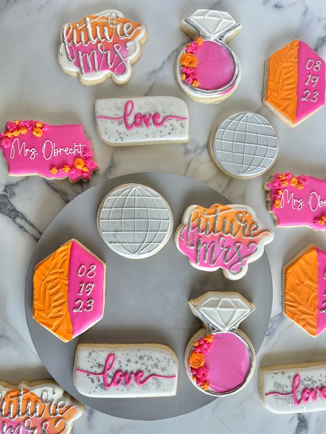 Disco Bridal Shower Cookies, Bachelorette Decorated Cookies, Pink And Orange Cookies, Pink And Orange Bridal Shower Decor, Pink And Orange Bachelorette Party, Orange Bachelorette, Bridal Shower Chocolate, Wedding Shower Cookies, Pink Engagement