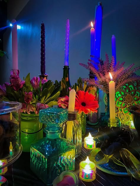 Whimsygoth witchy party 24lights and candles Maximalist Birthday Party, Witchy Themed Birthday Party, Trippy Party Ideas, Witchy Garden Party, Cosmic Party Theme, Whimsigoth Birthday Party, Witchy Party Ideas, Witchy Birthday Party, Witchy Spring