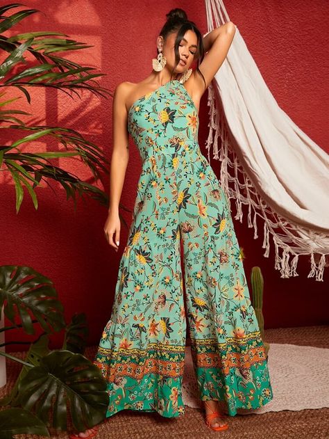 Free Returns ✓ Free Shipping On Orders $49+ ✓. SHEIN VCAY Floral Print One Shoulder Wide Leg Jumpsuit- Women Jumpsuits at SHEIN. Layered Cami, Work Chic, Jumpsuit Outfit, Floral Jumpsuit, Party Tops, Summer Fashion Outfits, Dressy Casual, Wide Leg Jumpsuit, Chic Dress