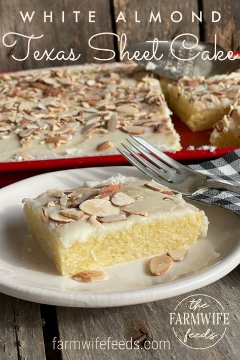 White Almond Texas Sheet Cake is moist and delicious with a creamy almond-flavored glaze. An easy homemade dessert that's a crowd-pleaser. Alaskan Sheet Cake, Almond Layer Cake Recipe, White Texas Almond Sheet Cake, Almond Frosting For Cake, Almond Texas Sheet Cake, Almond Sheet Cake Recipe, Holiday Bites, Almond Sheet Cake, White Sheet Cakes