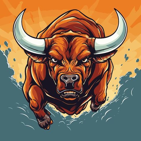 Vector bull running through the water wi... | Premium Vector #Freepik #vector #bull #cow-face #buffalo #cartoon-cow Buffalo Vector, Buffalo Cartoon, Bull Running, Truk Besar, 3d Paintings, Buffalo Art, Cow Vector, Splash Of Water, Cubist Paintings