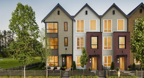 FREMONT INDIGO exterior • Saltbox architecture • Pitched gable roofs, big character windows • Raised front entries sheltered by suspended metal canopies • Walkways with illuminated front yards • Enclosed front gates • Exclusive access to FREMONT riverclub Row House Design, Family Houses, Townhouse Exterior, Modern Townhouse, Townhouse Designs, Narrow House, Row House, Roof Design, Terrace House