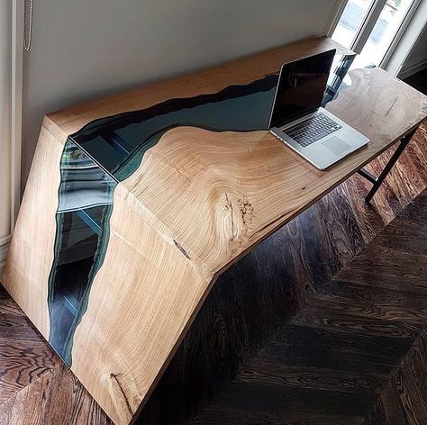 Resin Waterfall, Waterfall Desk, Resin Tables, Desk Ideas, Epoxy Resin Wood, Drift Wood, Epoxy Resin Art, Resin Table, Computer Desk