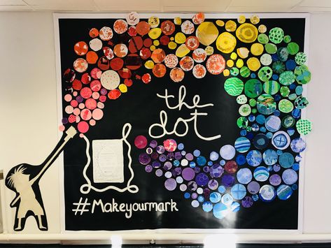 Dot Bulletin Board Ideas, Classroom Collaborative Art Projects, Dot Day Bulletin Board, The Dot Bulletin Board, The Dot Display, Collaborative Art Bulletin Boards, Dot Day Collaborative Art, The Dot Book Bulletin Board, Bohemian Classroom