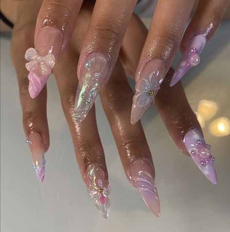 Milky Nails, Nails 3d, Acrylic Press On Nails, Bling Acrylic Nails, Fire Nails, Funky Nails, Pretty Acrylic Nails, Floral Nails, Types Of Nails