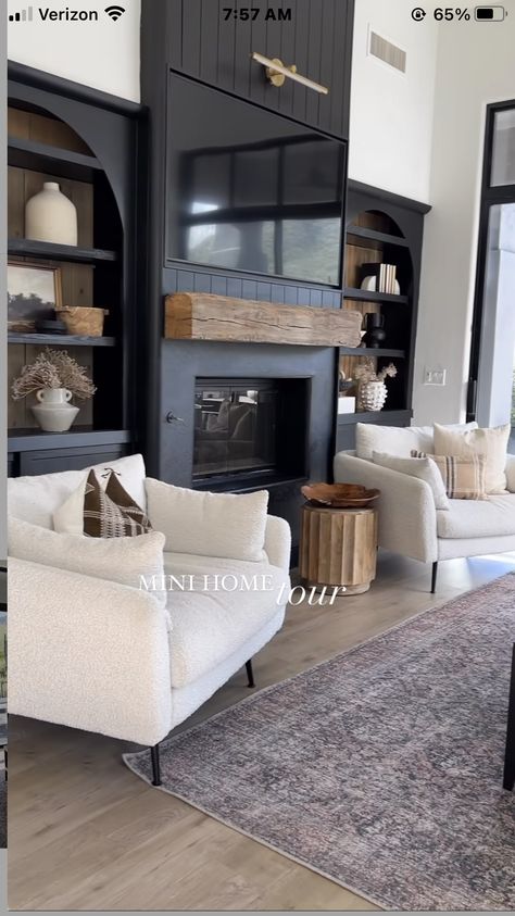 Black Stone Fireplace Living Room, White Built Ins With Black Background, Fireplace Makeover Organic Modern, Vaulted Brick Fireplace, Black Fireplace Floor To Ceiling, Black Fireplace And Bookshelves, Slate Fireplace With Built Ins, Small Home Lounge Ideas, Black Cabinets Next To Fireplace