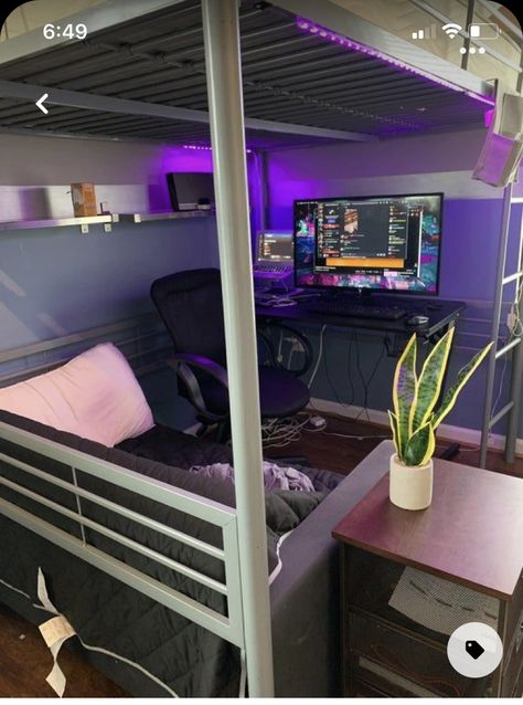 Loft Bed With Gaming Setup, Gamer Loft Bed, Loft Bed Setup, Gaming Setup Under Loft Bed, Loft Bed Gaming Setup, Loft Bed Ideas Aesthetic, Boys Loft Bedroom Ideas, Gaming Loft Bed, Gamer Bed