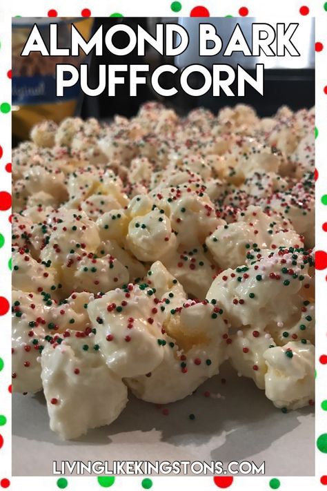 Sweet Puffed Corn, Puffed Corn Almond Bark, Christmas Puffcorn Recipes, Puff Popcorn Recipes Almond Bark, Almond Bark Puff Corn Recipe, Puff Corn Almond Bark, Almond Bark Puffcorn, Almond Bark Popcorn, Puffed Corn Recipes