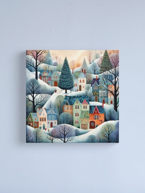 "Cozy Winter Christmas Village with Christmas Trees" Canvas Print for Sale by Gsallicat | Redbubble Christmas Village Painting, Cozy Village, Village Painting, Christmas Tree Canvas, Primitive Folk Art, Evergreen Trees, Whimsical Christmas, Winter Trees, Jena