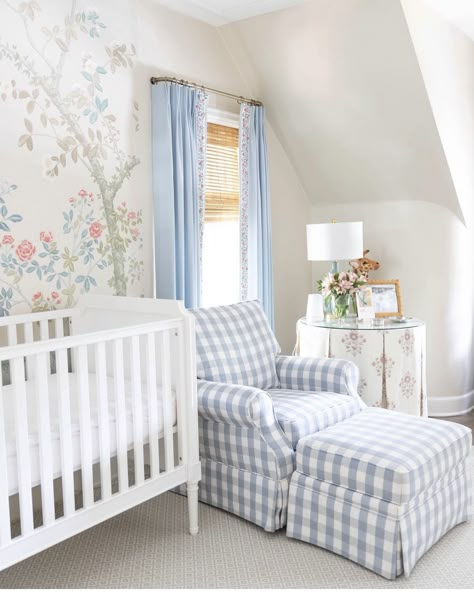 Basement Nursery Ideas, Traditional Nursery Ideas, Blue Gingham Nursery, French Country Nursery, Traditional Nursery, Welcome To My Crib, Leggings And Sneakers, Big Room, Millennial Mom