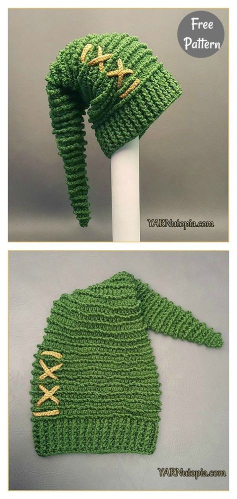 Fancy Elf Hat Crochet Patterns Crochet Halloween Hat, Crochet Elf Hat, Crochet Christmas Hats, Link To The Past, Halloween Hat, Hat Patterns Free, Crochet Halloween, Crochet Humor, Crochet Beanie Hat