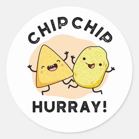 Chip Chip Hooray Funny Happy Crisps Pun features a cute happy pair of snack food crisps. Perfect pun gift for family and friends who love cute chip puns. Chip Chip Hooray, Birthday Puns, Punny Jokes, Brag Tags, Chip Clips, Birthday Card Craft, Products Photography, Cute Puns, Puns Jokes