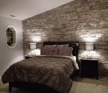 Brick Wallpaper Bedroom, Grey Stone Wall, Faux Stone Walls, Stone Walls Interior, Stone Accent Walls, Stone Wall Design, Accent Wall Bedroom, Luxury Homes Interior, Master Bedrooms Decor