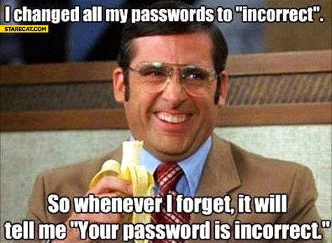 I changed all my passwords to incorrect so whenever I forget it will tell me your password is incorrect Steve Carell, 웃긴 사진, Humor Memes, My Chemical, E Card, I Smile, Bones Funny, Eminem, Puns