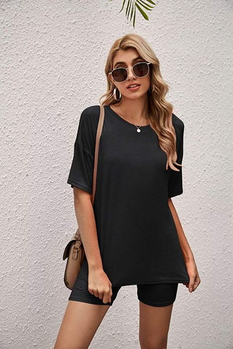 Womens wear Spring outfits 2021 casual outfits Two piece outfit Leggings And Oversized Tshirt Outfit, Biker Shorts Set, Lounge Wear Set, Summer Tshirt, Free Spirit Style, Drop Shoulder Tee, Sportswear Fashion, Selling Clothes, Loungewear Set