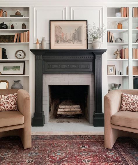 Dark Fireplace, Painted Fireplace Mantels, Black Fireplace Surround, White Stone Fireplaces, White Built Ins, Fireplace Feature Wall, Faux Fireplace Mantels, White Brick Fireplace, Decorative Shelves