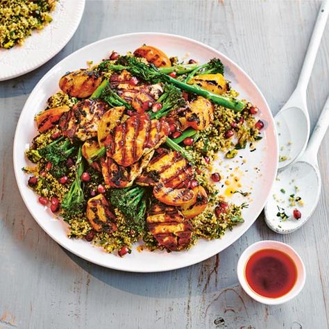 Herby Couscous, Broccoli Vegetable, Fresh Apricots, Chipotle Paste, Couscous Recipe, Med Diet, Halloumi Salad, Apricot Chicken, Couscous Recipes