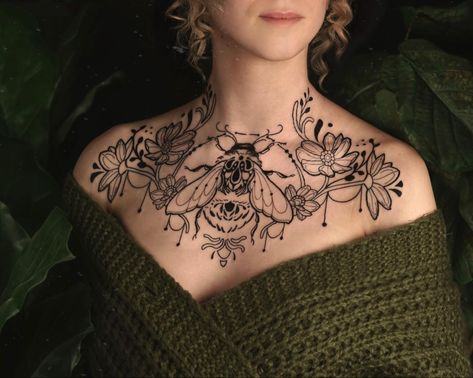 Shrunken Head Tattoo, Chestpiece Tattoo, Chest Tattoo Designs Female, Chest Neck Tattoo, Madame Medusa, Clavicle Tattoo, Symmetrical Tattoo, Thumb Tattoos, Nouveau Tattoo