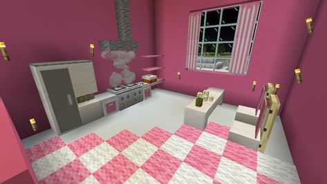 Minecraft Pink Bathroom, Pink Living Room Minecraft, Pink Kitchen Minecraft, Pink Minecraft Kitchen, Cute Minecraft Kitchen, Minecraft Pink Castle, Barbie Minecraft, House Designs Minecraft, Living Room Minecraft