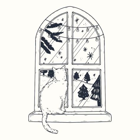 Free Vector | Hand drawn winter window illustration Snowy Window Illustration, Winter Drawings Aesthetic, Winter Window Drawing, Winter Illustration Design, Winter Bullet Journal Ideas, Winter Wonderland Drawing, Vintage Winter Illustration, Winter Bujo, Winter House Illustration