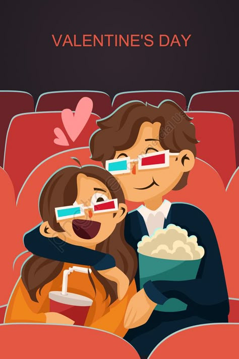 Valentines Day Watch Movie Couple Hand Painted illustration image Disney Couple Illustration, Valentine Illustration Couple, Movie Date Drawing, Watching Movie Illustration, Couple Cute Drawing, Valentine's Illustration, Couple Illustration Art, Cute Couple Illustration, Cinema Day