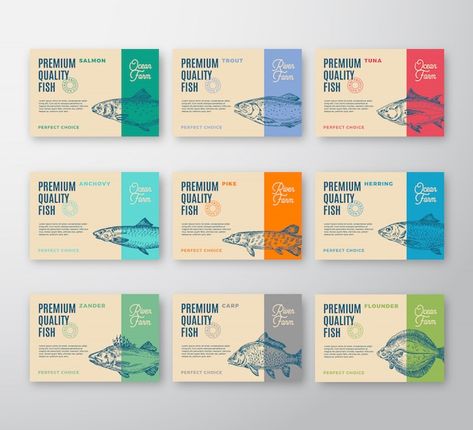 Frozen Food Packaging, Drawn Fish, Fish Silhouette, Typography Hand Drawn, Food Logo Design, Food Branding, Food Packaging Design, Packaging Labels Design, Abstract Vector