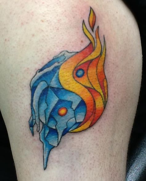 Fire and ice yin and yang Fire And Ice Tattoo Ideas, Ice Tattoo Ideas, Fire And Ice Tattoo, Ice Tattoo, Ice Drawing, Ying Yang Tattoo, Yang Tattoo, Red Spider Lily, Yin Yang Tattoos