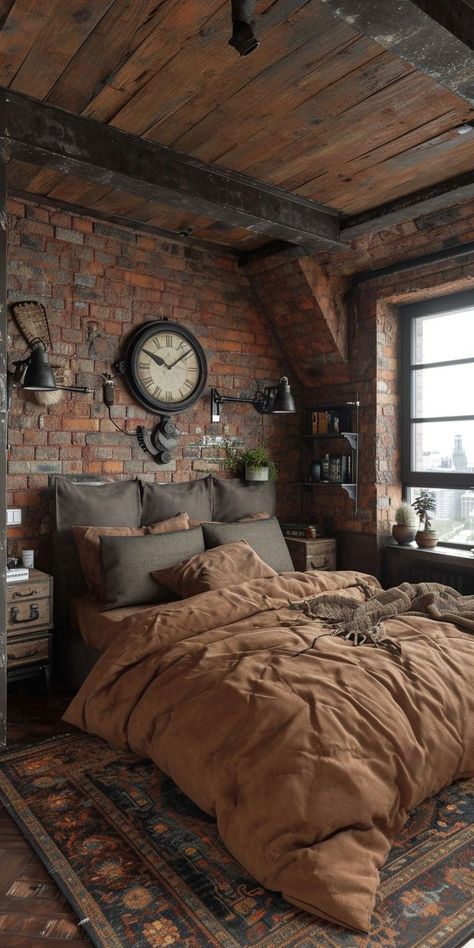 Male Bedrooms, Male Bedroom, Male Bedroom Ideas, Industrial Style Bedroom, Masculine Bedroom, Industrial Style Decor, Industrial Bedroom, Mens Bedroom, Brick Walls