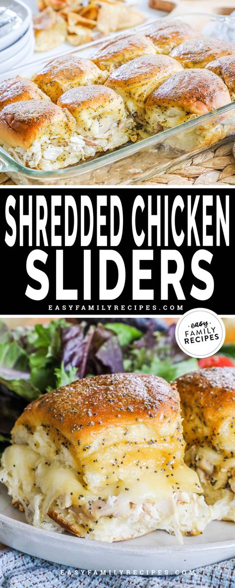 Shredded Chicken Sliders are an easy, crowd-pleasing meal or appetizer. They're made with soft and sweet Hawaiian rolls layered with juicy shreds of chicken, melty provolone, and a honey mustard glaze. Honey Mustard Chicken Sliders, Smoked Chicken Sliders, Chicken Salad Sliders Hawaiian Rolls, Oven Sliders Kings Hawaiian, Grilled Cheese Sliders Kings Hawaiian, Shredded Chicken Sliders Hawaiian Rolls, Easy Hawaiian Roll Sliders, Slider Recipes Hawaiian Rolls, Rotisserie Chicken Sliders