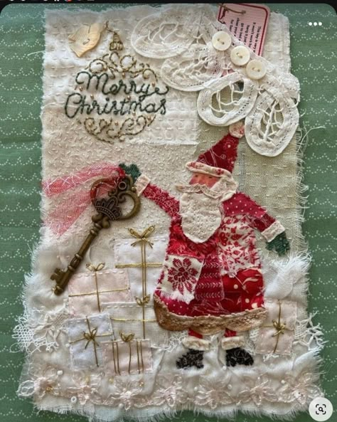 Christmas Snippet Roll, Slow Stitch Christmas, Santa Coming Down The Chimney, Fabric Christmas Cards, Snippet Rolls, Christmas Stitch, Christmas Fabric Crafts, Magic Key, Scrap Fabric Projects