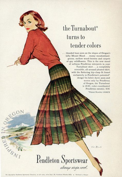 I just bought one of these at the thrift store! The Turnabout turns to tender colours.1950s 50s Advertisements, 1950s Art, Fashion Artwork, Reversible Skirt, Avon Lady, Poodle Skirt, Sportswear Fashion, Vintage Skirts, Pendleton Wool