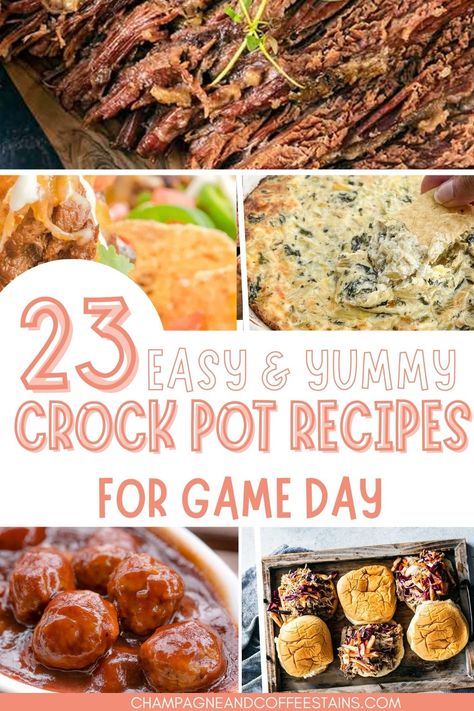 collage of crock pot dinners with text that reads easy and yummy crock pot recipes Easy Game Day Crockpot Recipes, Football Food Dinner, Super Bowl Crockpot, Easy Crock Pot Recipes, Football Sunday Food, Poolside Food, Dinner Kids, Buffalo Dip, Bbq Chicken Sliders