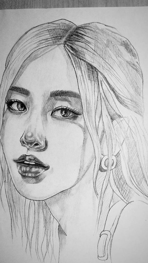 Ros`e Blackpink Rose Sketch, Rose Blackpink Sketch, Kpop Idols Sketch, Rose Drawing Blackpink, Kpop Idol Drawing, Blackpink Sketch, Rose Sketch, Pencil Sketch Images, Celebrity Drawings