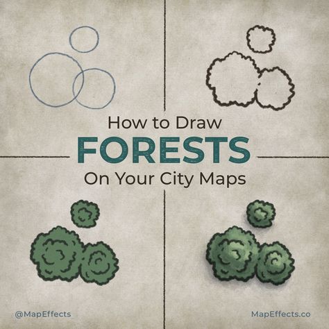 How to Draw Forests on Your City Maps in Top Down Perspective — Map Effects Top Down Perspective, Map Effects, Fantasy Map Maker, Draw Trees, Map Sketch, Fantasy Map Making, Map Symbols, Forest Drawing, Fantasy World Map