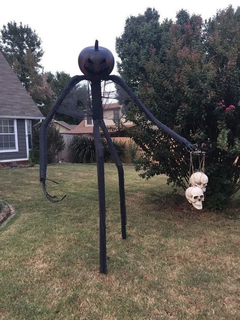 Halloween is one of my favorite holidays! I love all of the fun decorations, but the big ones can cost ridiculous amounts of money! Here’s how we made our own 8 ft yard monster for around $35! After you make the ‘skeleton’, you can customize it with any outdoor-suitable decorations you want. [h2]Supplies:[/h2]-three 10 ft PVC pipes (1 1/2” PVC conduit- we found ours in the electrical section of Home Depot. They are grey with one wider end.)[list][*]PVC connector pieces (two 3-way Ts, s… Pvc Halloween Decorations, Pvc Conduit, Diy Monsters, Halloween Diy Outdoor, Fun Decorations, Pumpkin Man, Plastic Pumpkins, Halloween Decorations Diy Outdoor, Pvc Pipes