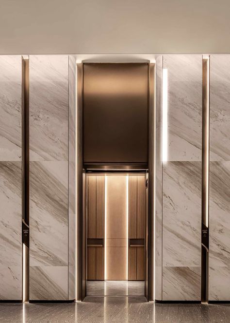 Lobby Design Residential, Lift Lobby Design, Elevator Lobby Design, Lift Lobby, Building Lobby, Themed Restaurant, Elevator Interior, Elevator Lobby, Hotel Corridor